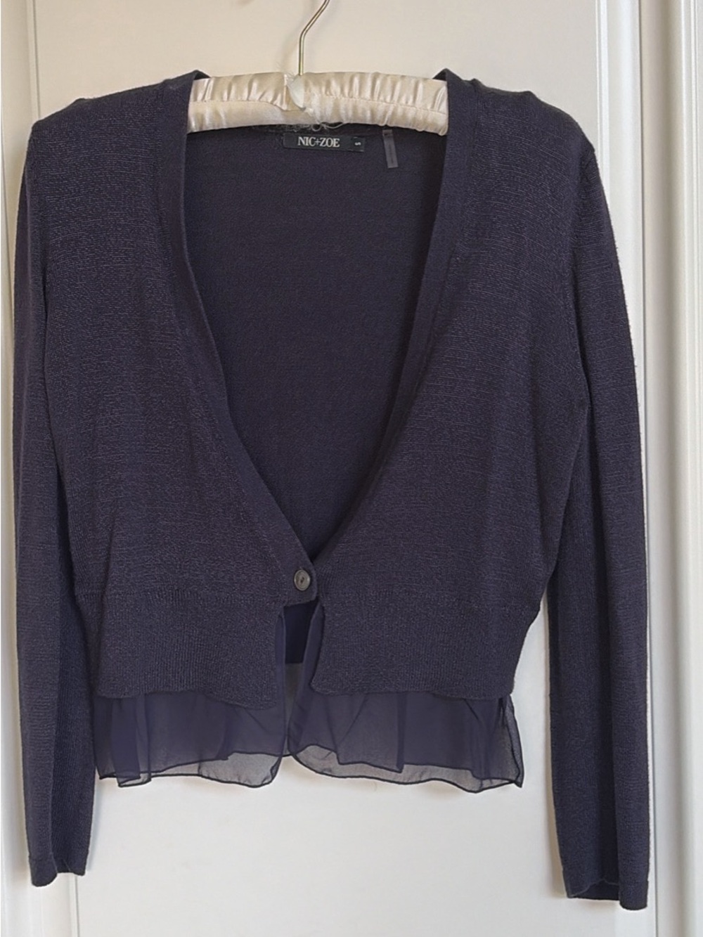 NIC+ZOE Sheer Hem Cropped Cardigan Sweater – Size Small - Navy Blue